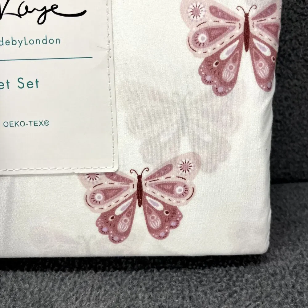 London Kaye TWIN XL Sheet Set White Pink Butterfly 4pc‎